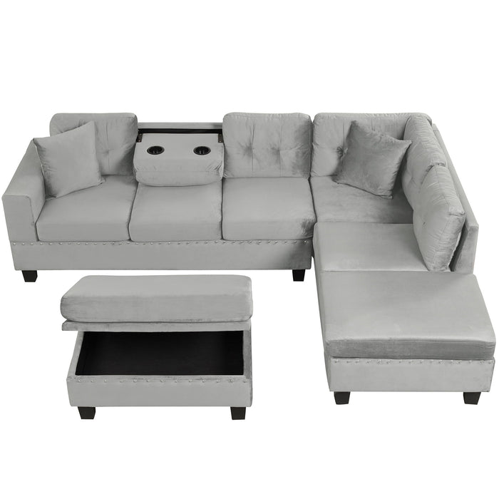 Modern Sectional Sofa With Storage Ottoman, L - Shape Couch With 2 Pillows And Cup Holders