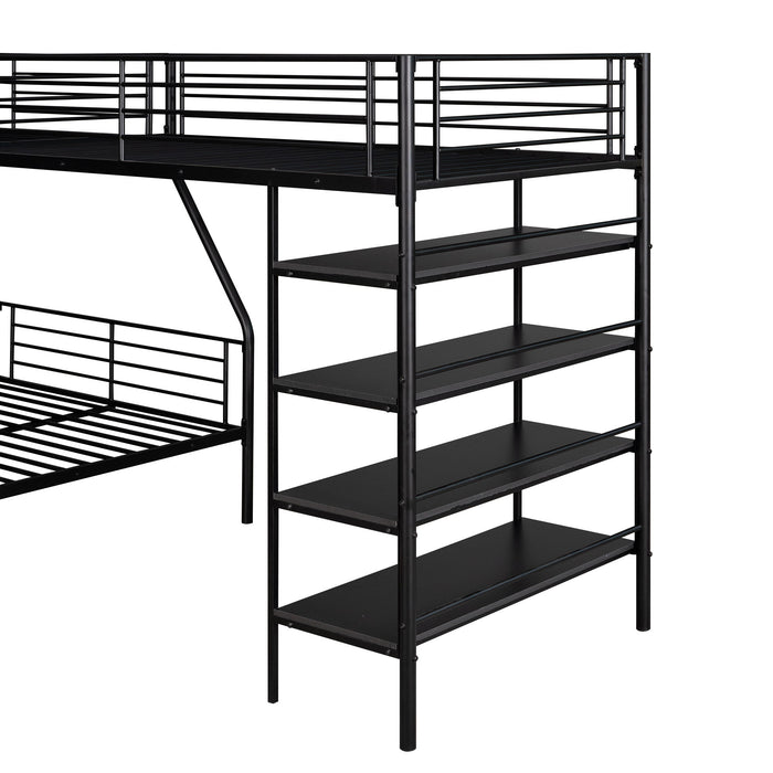 L-Shaped Twin Over Full Bunk Bed And Twin Loft Bed With 4 Built In Shelves - Black