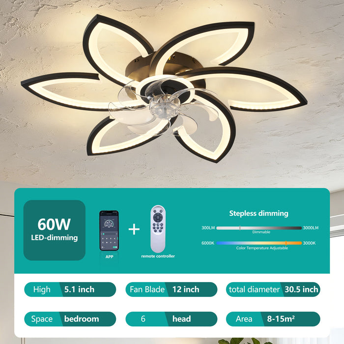 30" Flower 6 Speed Ceiling Fan With Remote Controlled LED Lights, Low Profile Flush Mount Fan