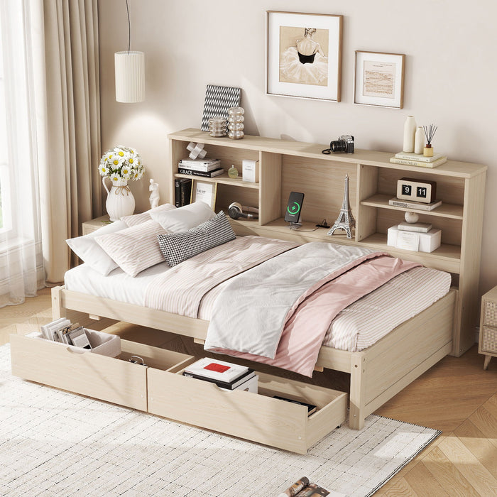Bed Frame With Side Bookshelves, 2 Drawers, And Built In USB Port