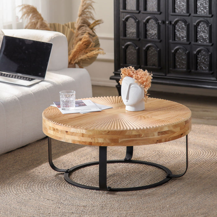 Modern Round Coffee Table With Wooden Carving Pattern