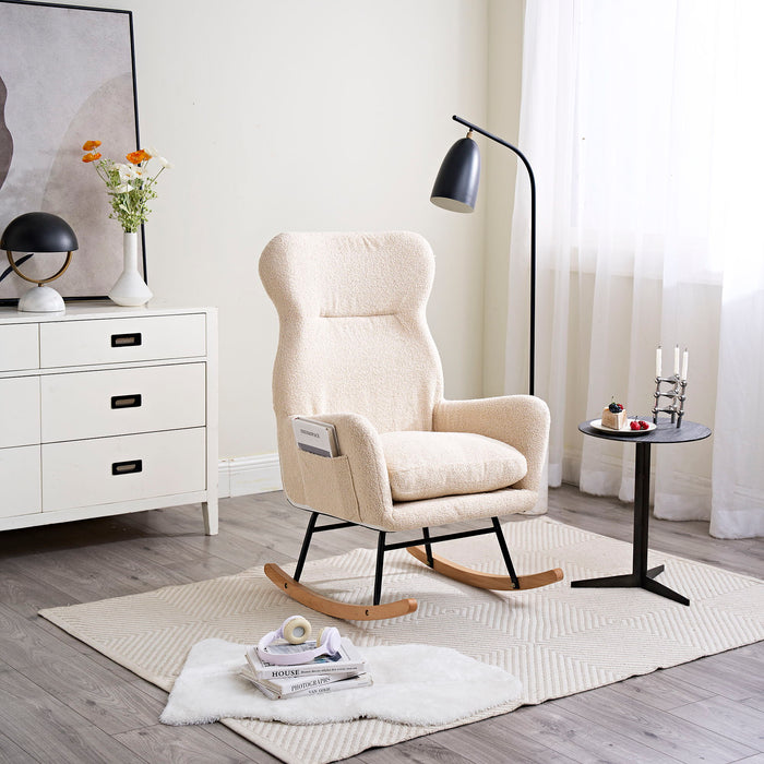 Modern Teddy Fabric Rocking Chair With High Backrest And Armrests Lounge Accent Chair For Living Room - Beige