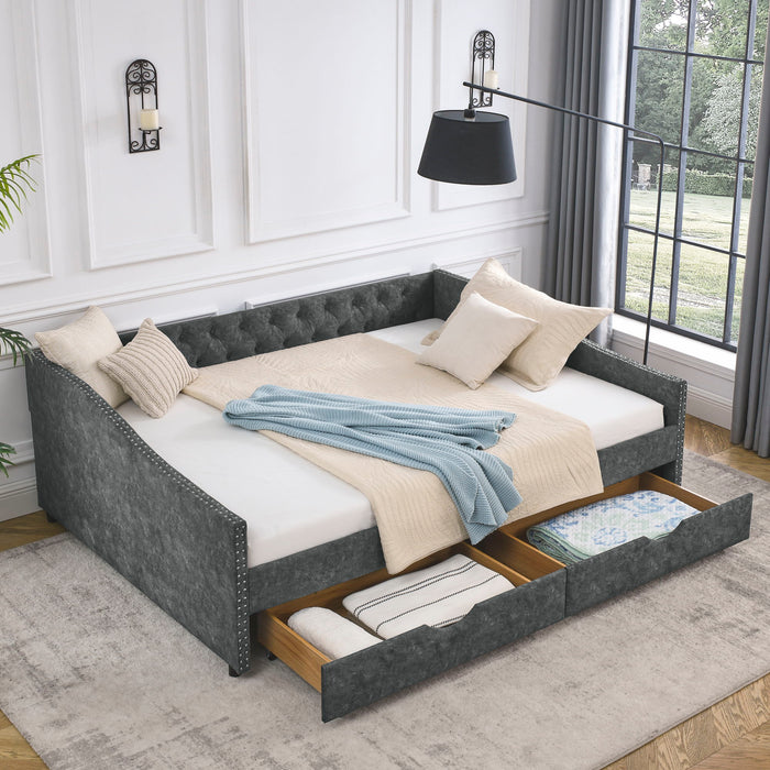 Upholstered Tufted Daybed With 2 Drawers, Waved Arms