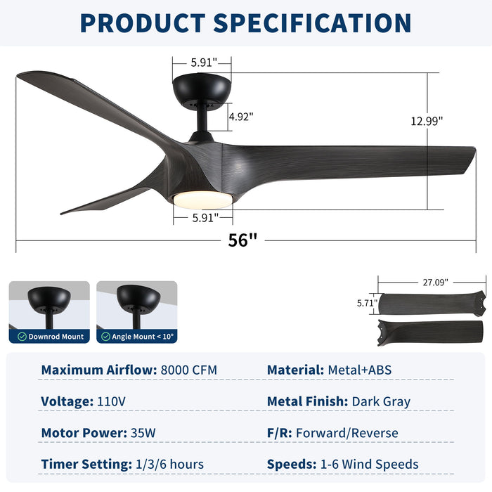 Reversible Quiet Motor Ceiling Fan Light With ABS Blades - Black / Gray