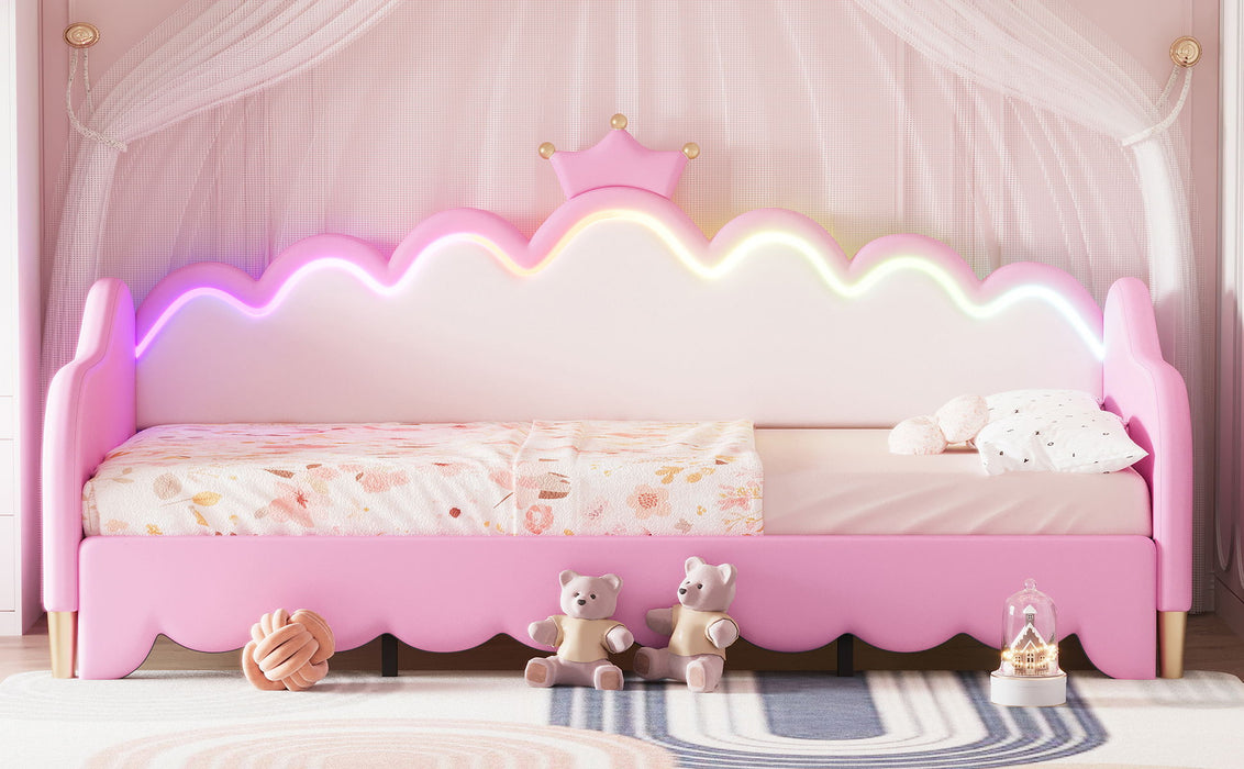 Extending Daybed With LED Lights, Modern Upholstered Princess Daybed With Crown Headboard