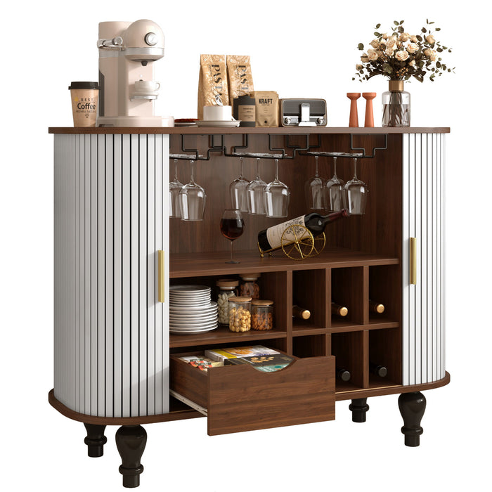 Fluted Liquor & Coffee Bar Cabinet With 6 Wine Racks And 3 Glass Holders