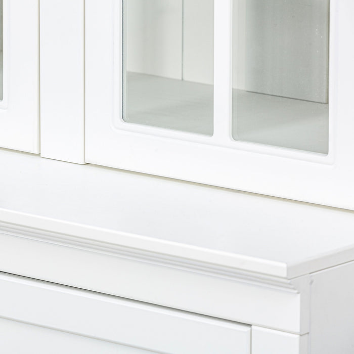 Retro Style Wall Suit With Glass Doors, 75.25" Tall Display Cabinets & Triangle Sided Bookshelves - White