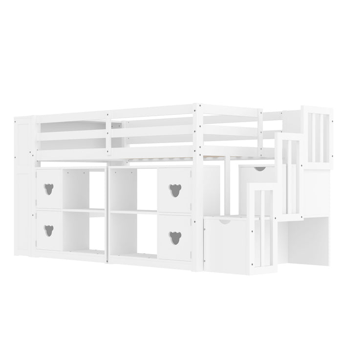 Loft Bed With Storage Cabinets, Staircase Drawers & LED Lights