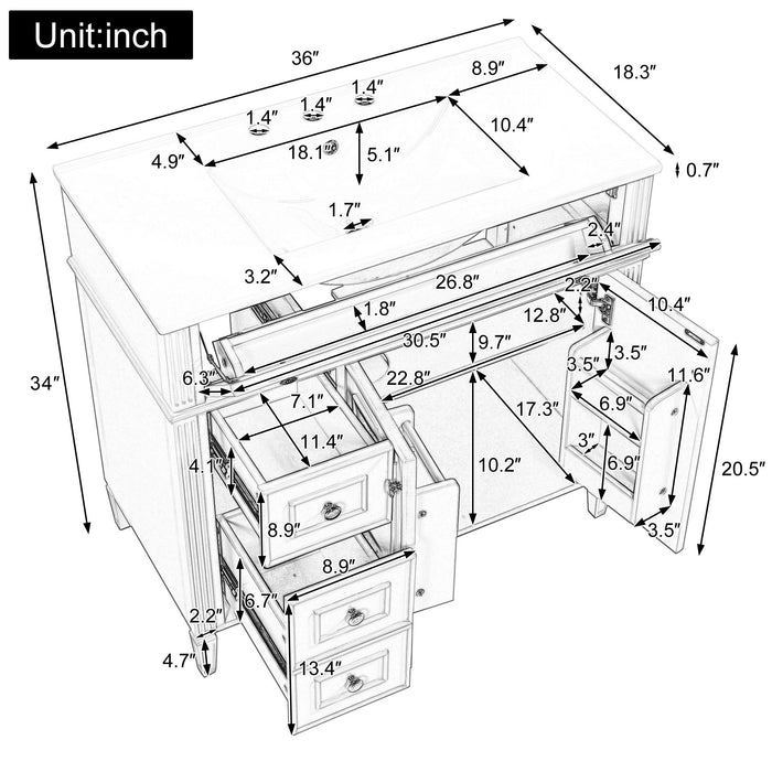 Bathroom Vanity With Sink, 3 Drawers & 2 Doors