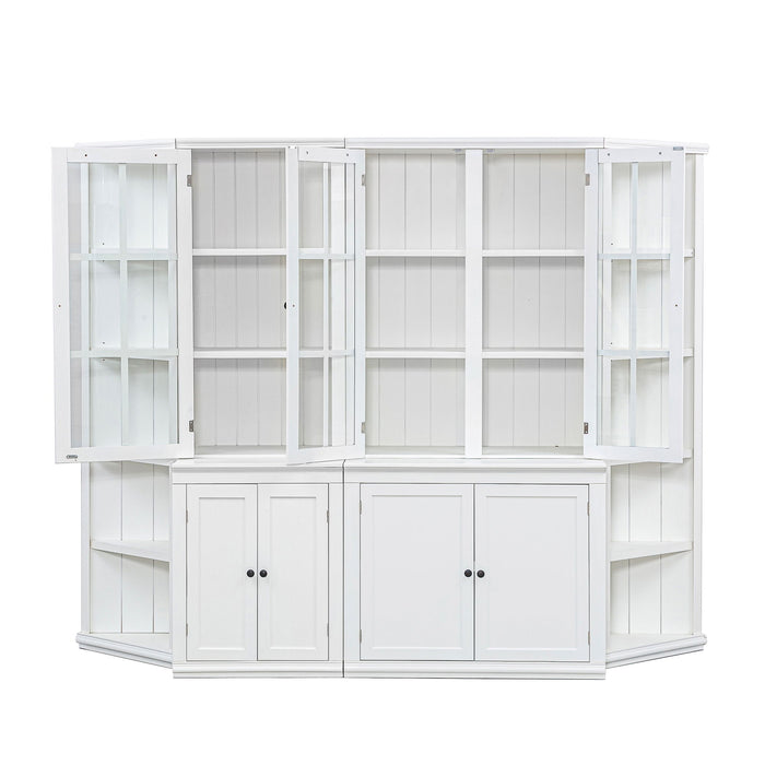 Retro Style Wall Suit With Glass Doors, 75.25" Tall Display Cabinets & Triangle Sided Bookshelves - White