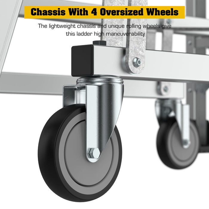 Heavy Duty Aluminum Rolling Platform Ladder With Steps, 375Lbs Capacity