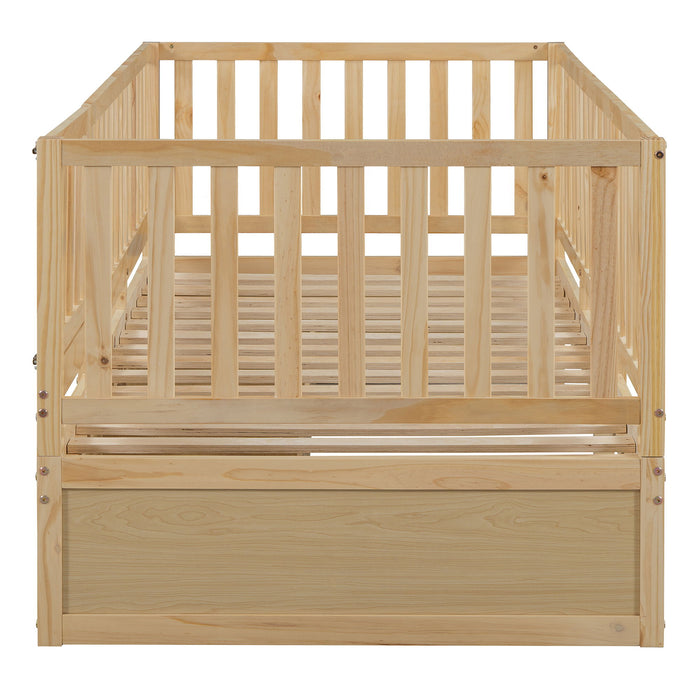 Daybed With Fence Guardrails And 2 Drawers, Split Into Independent Floor Bed & Daybed