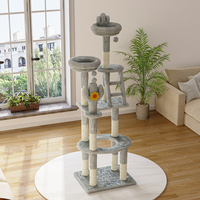 Cactus Cat Tree With Transparent Capsule, Sisal Scratching Posts - Gray