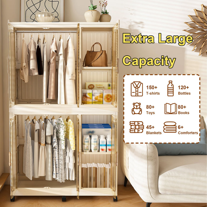 Portable Wardrobe Closet Storage Organizer For Clothes, 6 Magnetic Doors With 6 Cubes & 2 Hanging Rods, 6 Hangers - Cream White