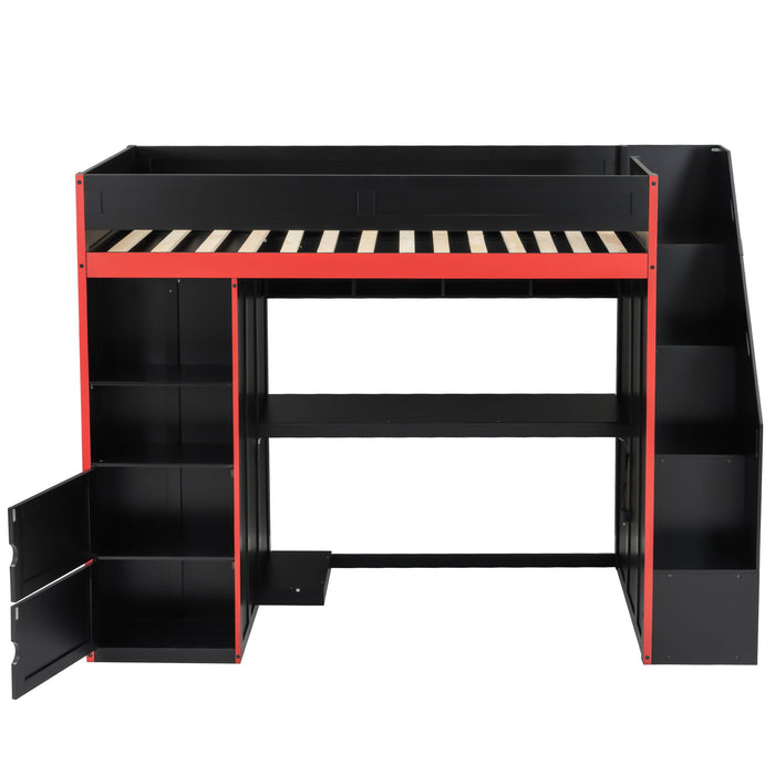 Gaming Loft Bed With Desk And Storage, LED Lights