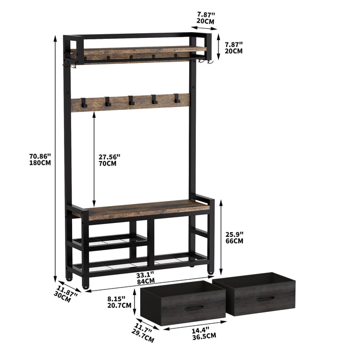 Hall Tree With 2 Movable Drawers, Shoe Storage, Shelves, Garment Racks, And 23 Hooks For Entryway - Rustic Brown
