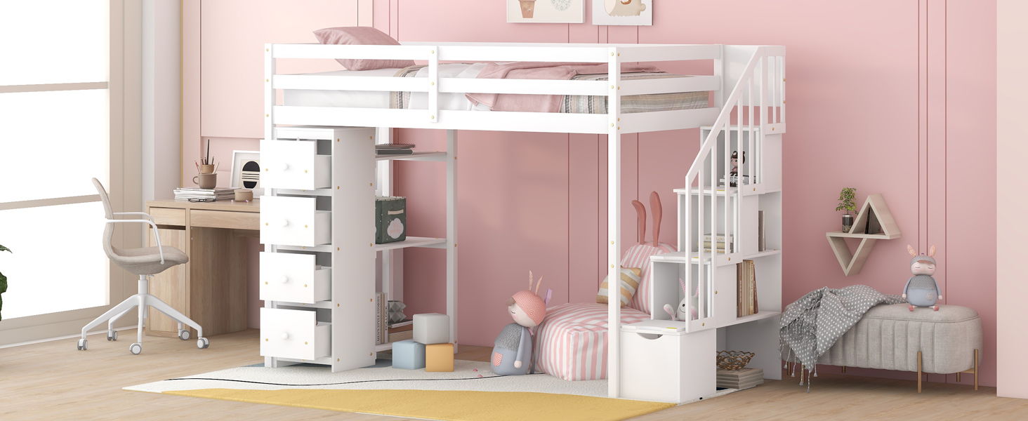 Loft Bed With Storage Drawers And Stairs With Shelves