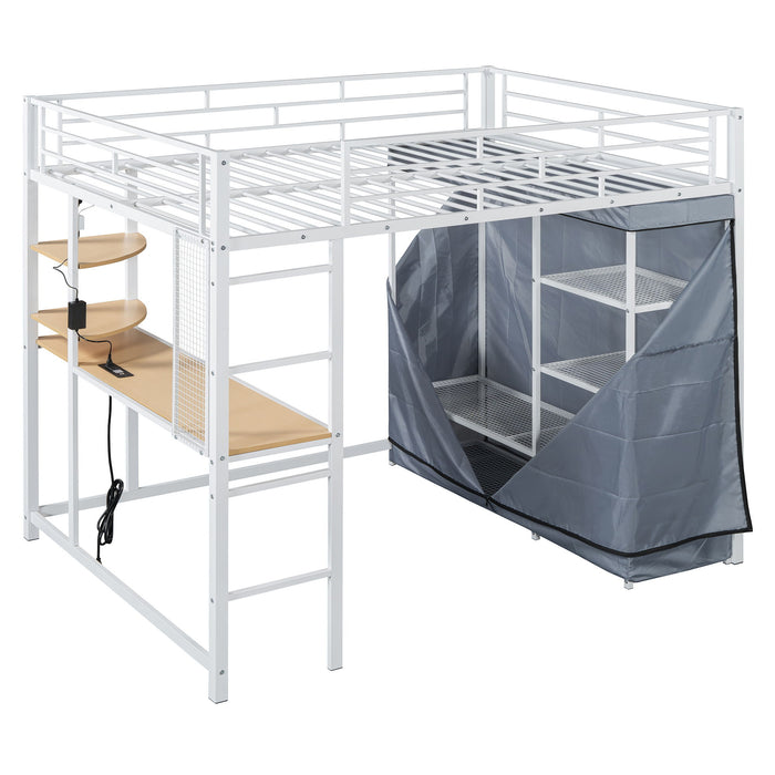 Loft Bed With Desk, Shelves, Power Outlet, LED Light And Wardrobe