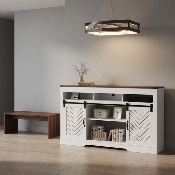 TV Stand With Sliding Barn Doors And Adjustable Storage - White / Oak