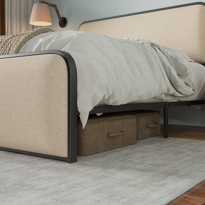 Modern Bed With Curved Upholstered Headboard And Footboard, Heavy Duty Metal Slats