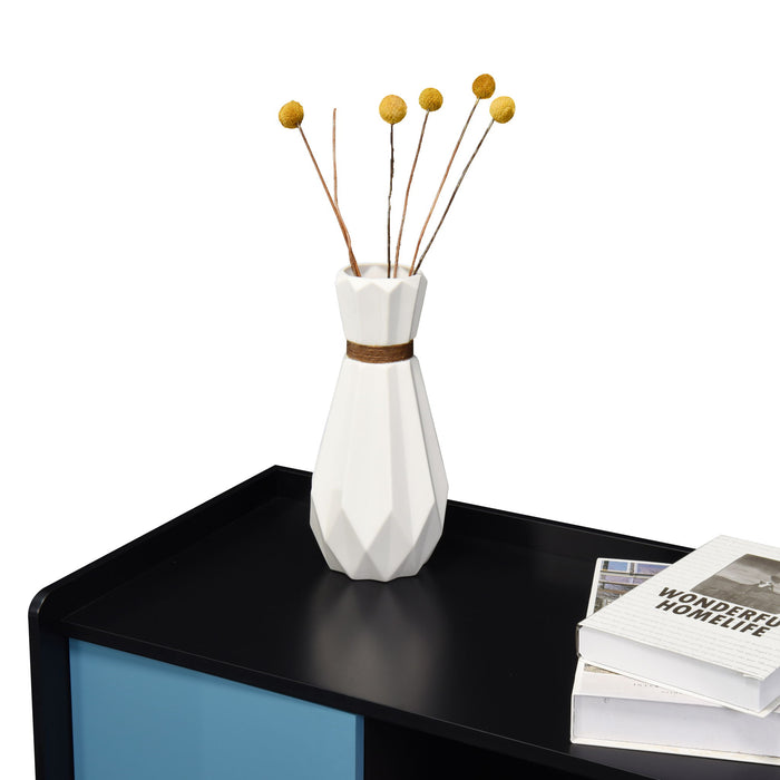 Modern Sideboard Buffet Cabinet With Red Doors And Unique Panel Styling