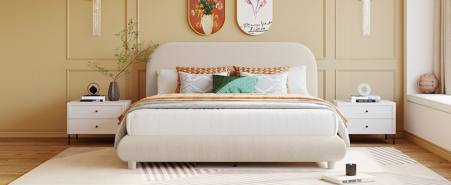 Upholstered Platform Bed With Thick Solid Frame And Stylish Curve-Shaped Design