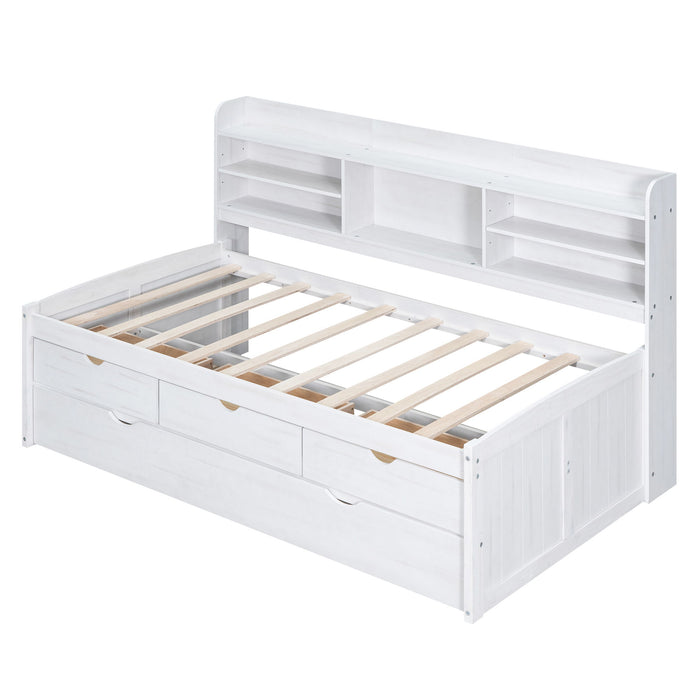 Captain Bed With Built In Bookshelves, 3 Storage Drawers, And Trundle
