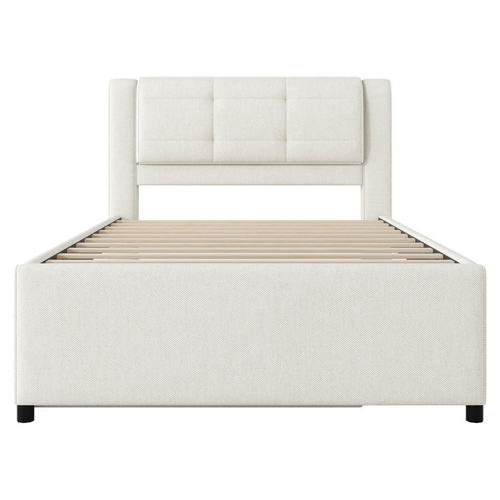Full Size Upholstered Platform Bed With Adjustable Trundle - Beige
