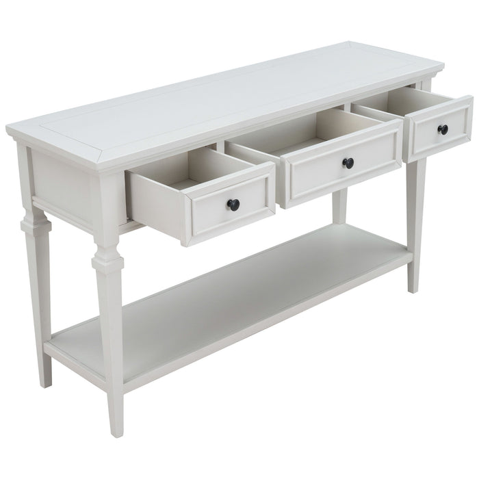 Classic Retro Style Console Table With 3 Top Drawers And Open Style Bottom Shelf - Antique White