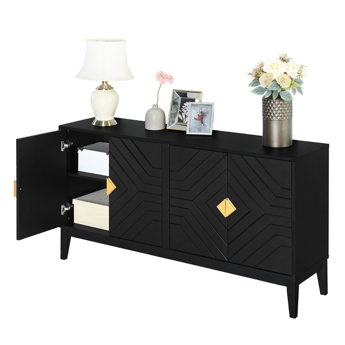 4 Door Sideboard Storage Cabinet For Living Room And Dining Room, 2 Large Cabinets With Gold Handles And Adjustable Shelf - Black