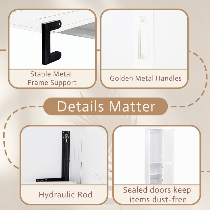 Queen Size Murphy Bed With Wardrobe, Space-Saving Hidden Wall Bed With Desk And Charging Station - White