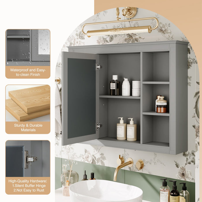 Wall Mounted Medicine Cabinet With Mirror, Storage Cabinet Featuring 6 Open Shelves And Adjustable Interior