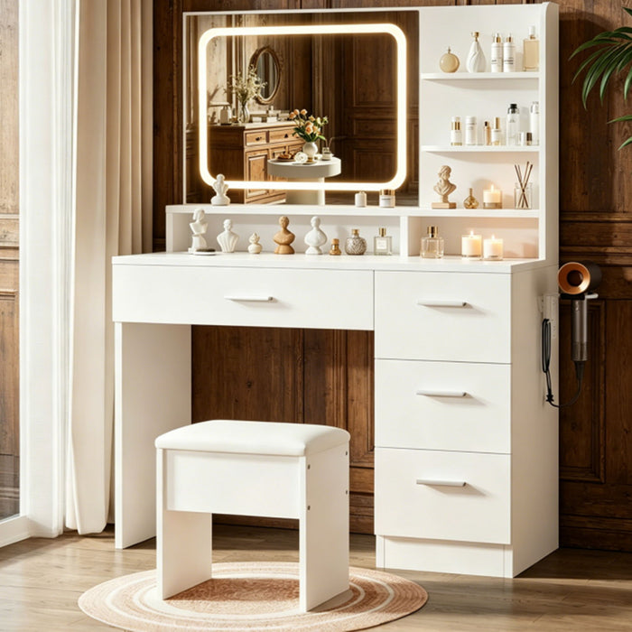 Vanity With LED Mirror And Storage Drawers For Bedrooms - Cream White