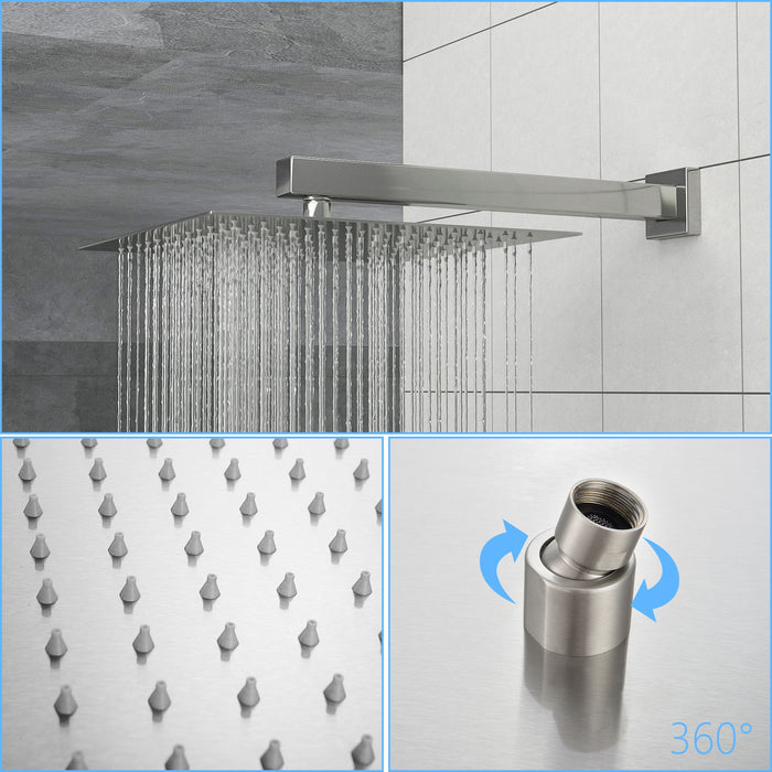 Wall Mounted Shower System With Adjustable Slide Bar And Rough In Valve, 12" Square Design - Brushed Nickel