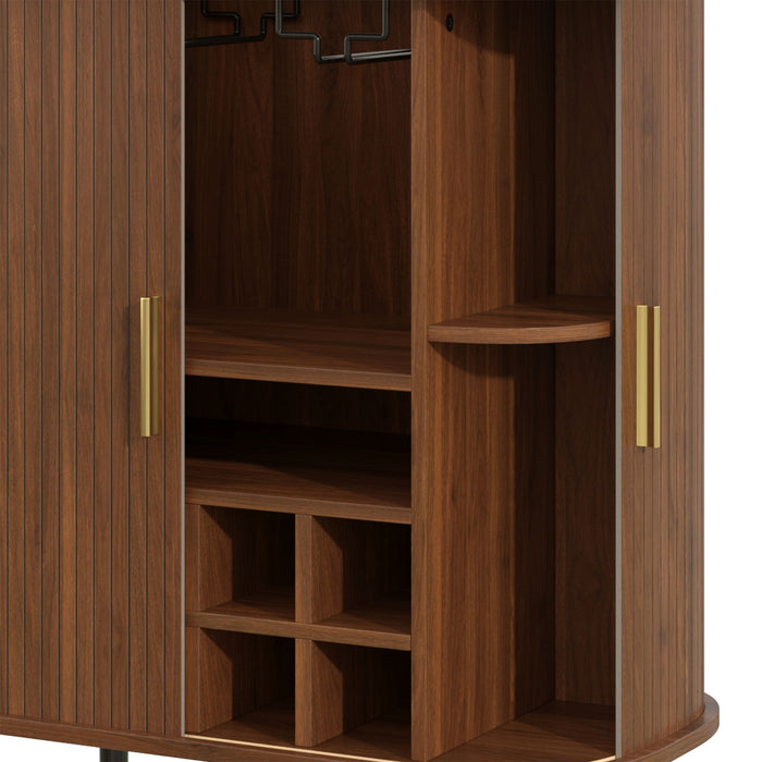 Fluted Wine Bar Cabinet With 8 Grid Wine Rack, 5 Level Adjustable Shelves, 2 Glass Holders