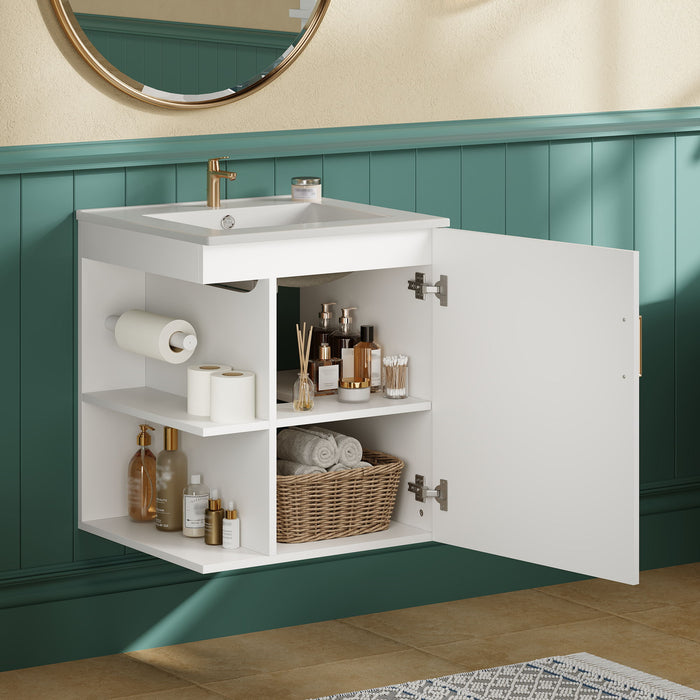 Modern Wall Mounted Bathroom Cabinet With Side Shelf And Ceramic Sink