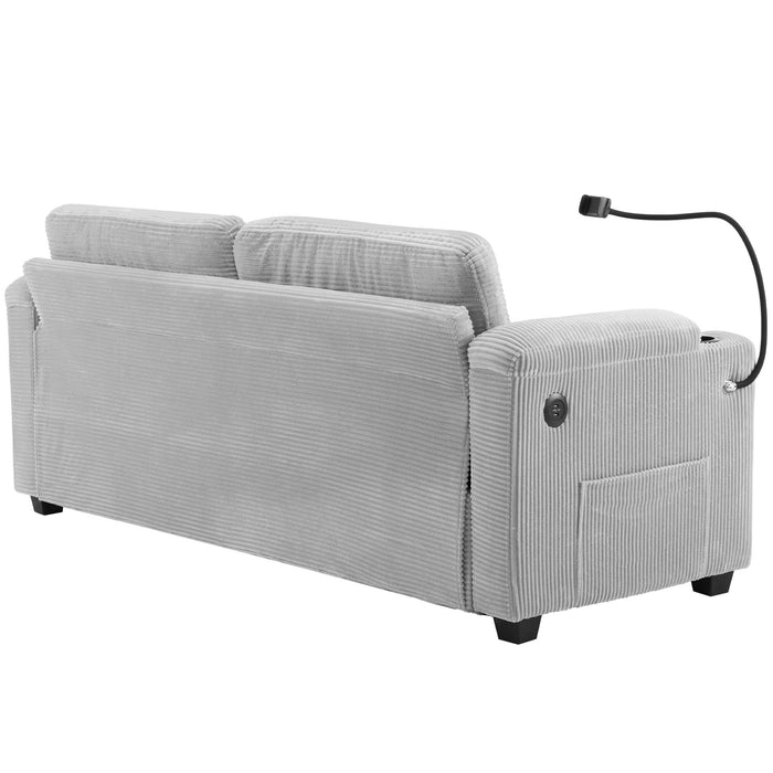 Corduroy Sleeper Sofa Loveseat Sofa With Full Size Mattress, 2 USB Ports, 2 Cup Holders, 2 Side Pockets And Phone Holder
