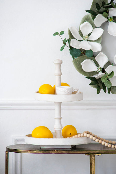 Two Tiered Round Wooden Tray - White
