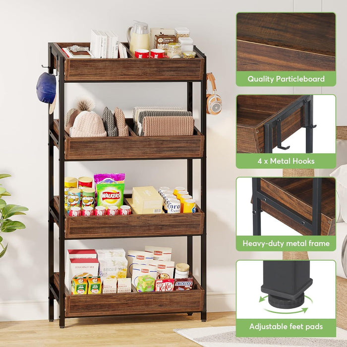 4 Tier Retail Display Rack With Hooks, Tall Metal Snack Stand With Shelves - Brown / Black