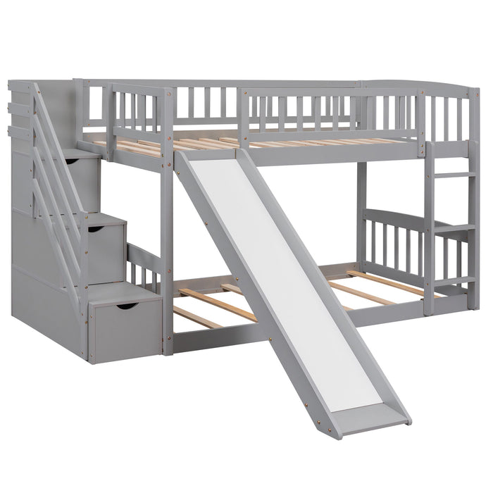 Twin Over Twin Bunk Stairway Bed With 2 Drawers And Slide - Gray