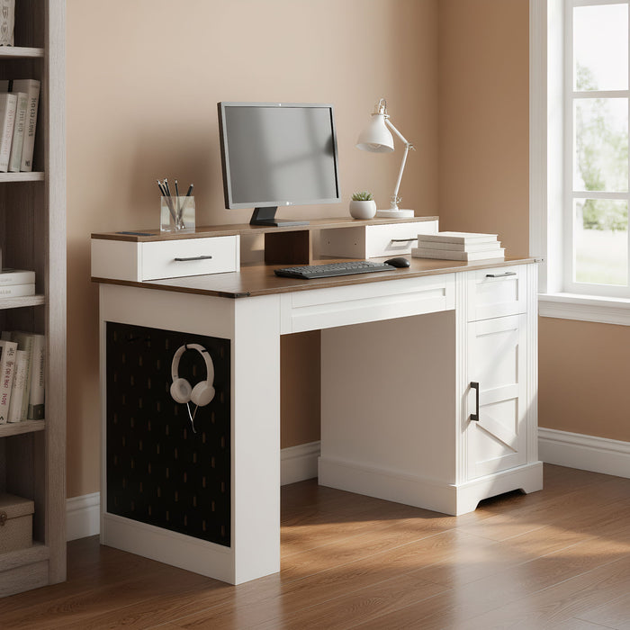 Office Desk With Storage Cabinet, Charging Station, Monitor Stand & Pegboard