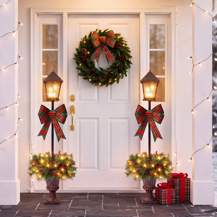 Christmas Lamp Post Decor With Plaid Bow, Artificial Outdoor Holiday Decor (Set of 2) - Brown / Bronze / Green