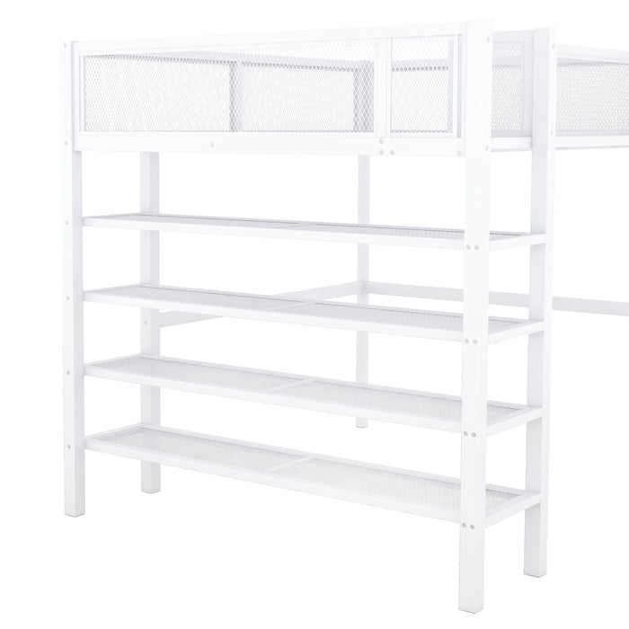 Loft Bed With 4 Tier Shelves And Storage