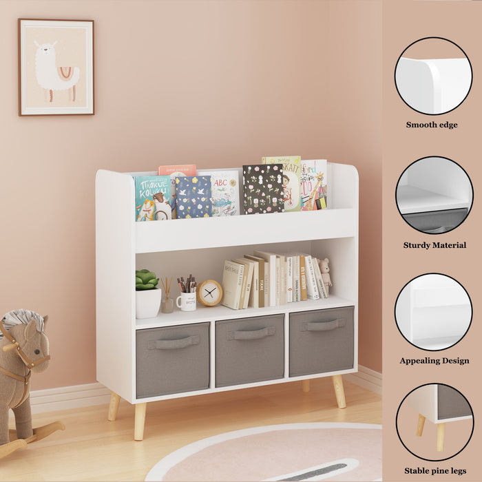 Bookshelf With 3 Bins, Storage Shelf For Toys And Books - White