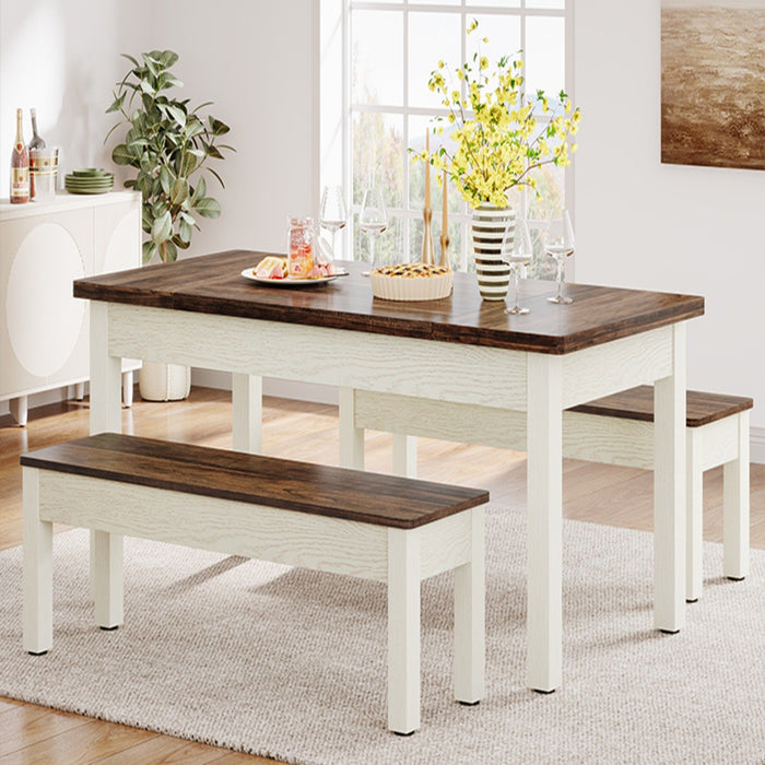 Dining Table Set For 4 - 6 With Tuck Under Benches - Brown / White