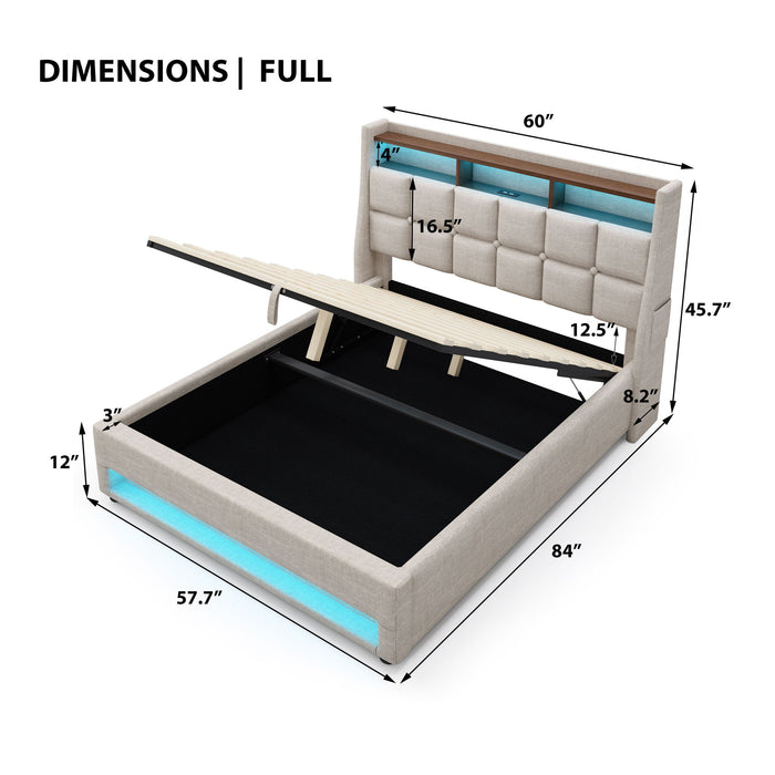 Platform Bed With Hydraulic Storage, LED Lighting & Charging Station