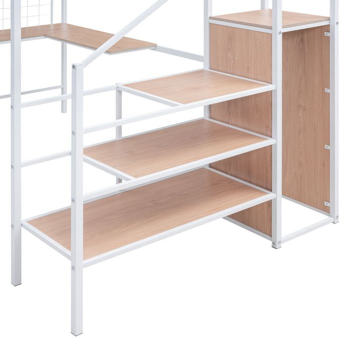 Loft Bed With Desk And Grid, Stylish Frame With Lateral Storage Ladder And Wardrobe
