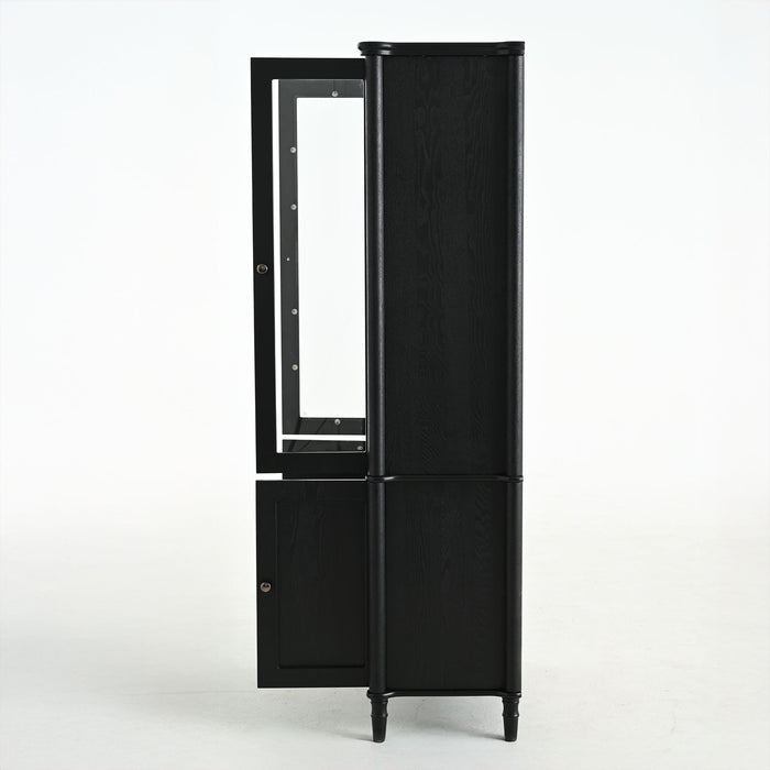 Vintage Display Cabinet With Double Glass Doors, Traditional Style For Collectibles, Ash Wood Veneer, 73.25" Tall - Black / Natural