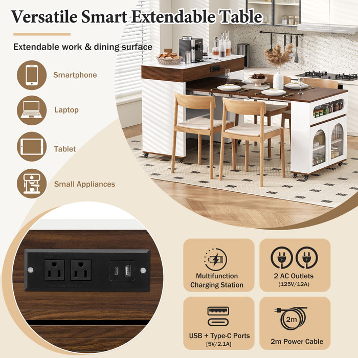 Extendable Dining Table With Folding Top, Rolling Kitchen Island With Drawers And Power Outlet