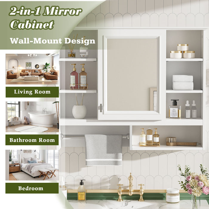 Wall Mount 2 In 1 Mirror Cabinet With Adjustable Shelves, Open Storage, For Bathroom Vanity - White